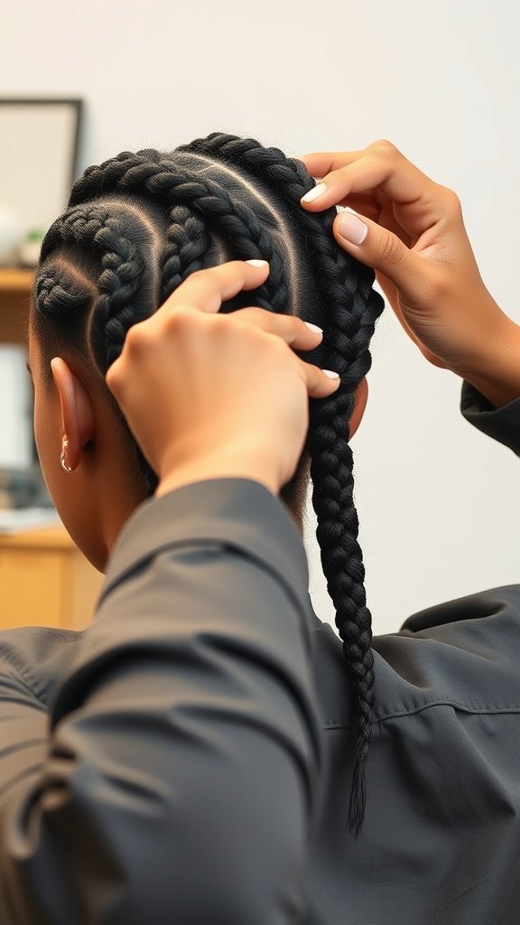 A close-up view of a person installing knotless twist braids, showcasing the technique and care involved in the process.
