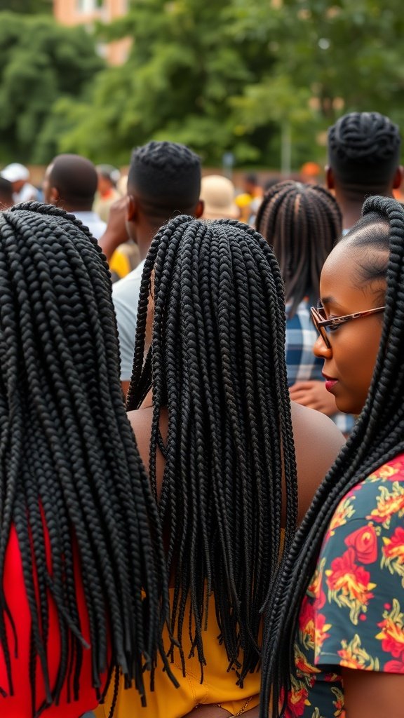 A group of people with large knotless box braids, showcasing different styles and colors.
