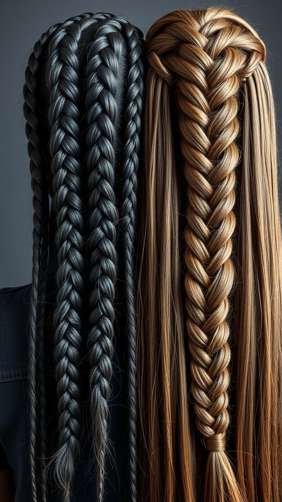 Comparison of knotless and traditional braids, showcasing small black knotless braids and traditional braids.