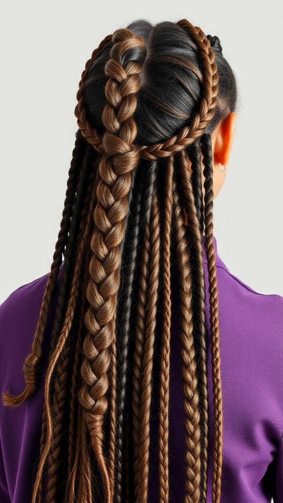 A woman showcasing honey blonde knotless braids styled in intricate patterns.