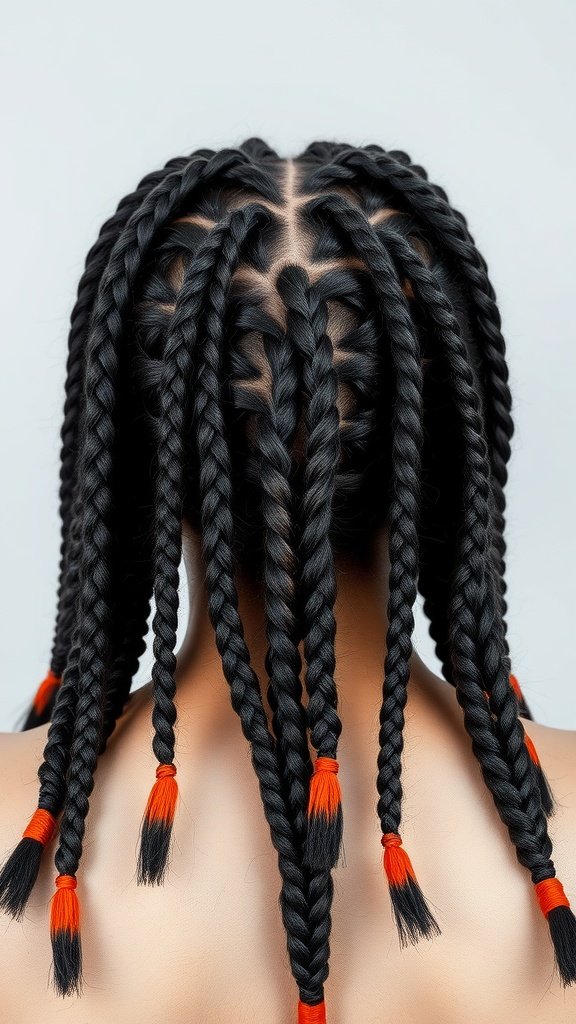 A close-up view of black knotless braids with vibrant orange tips, showcasing a stylish and modern hairstyle.
