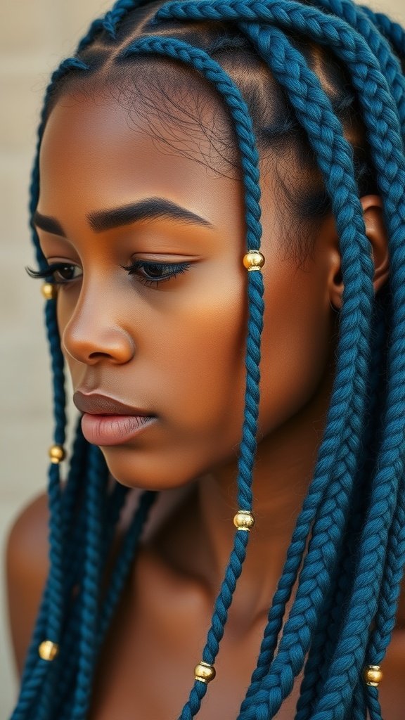 Close-up of a woman with cool blue knotless braids adorned with golden beads.