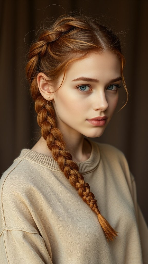 A young woman with copper knotless braids styled elegantly.