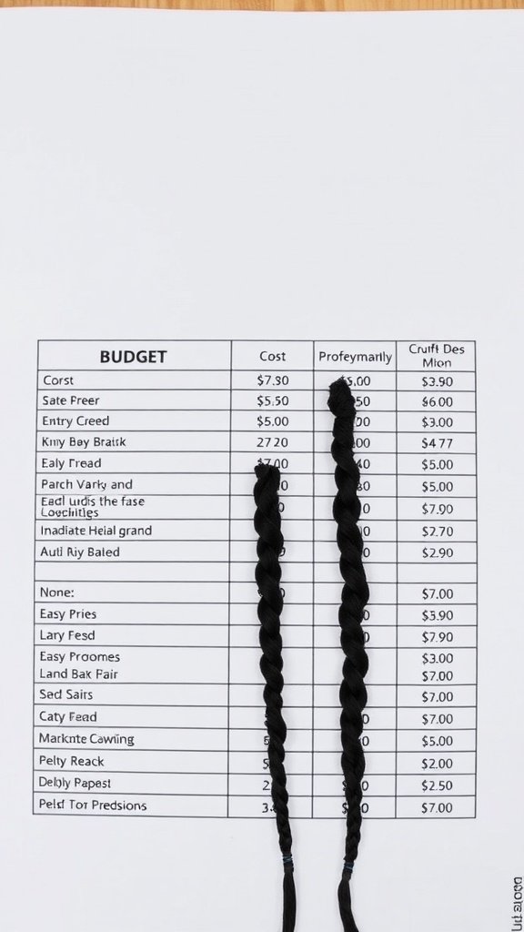 A budget breakdown for knotless box braids showing various costs for materials and services.