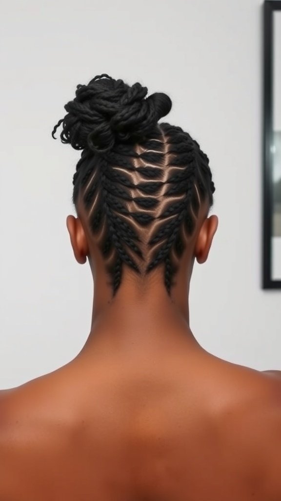 Back view of a person with intricate knotless braids styled in a bun