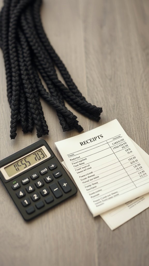 Calculator next to braided hair and receipts, symbolizing budgeting for medium knotless braids.