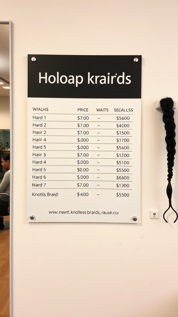 Price list for various braid styles including XS knotless braids