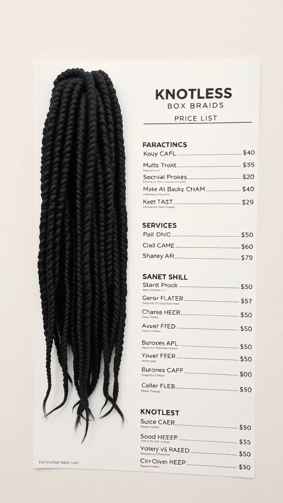 Price list for knotless box braids services