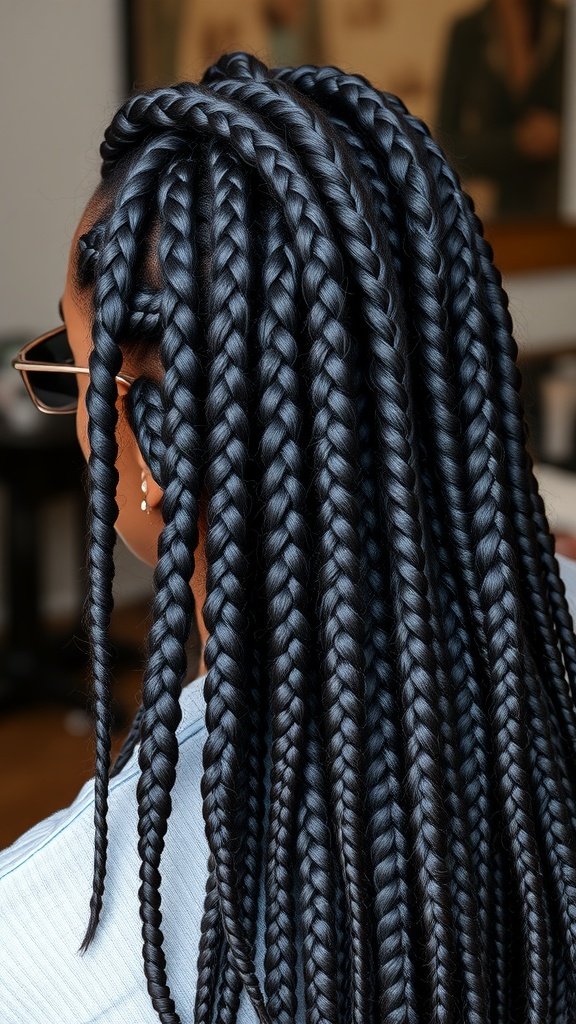 A close-up view of short knotless braids styled neatly.