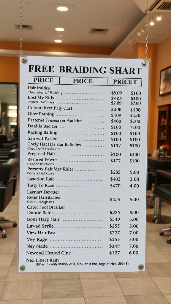 Price list for braiding services