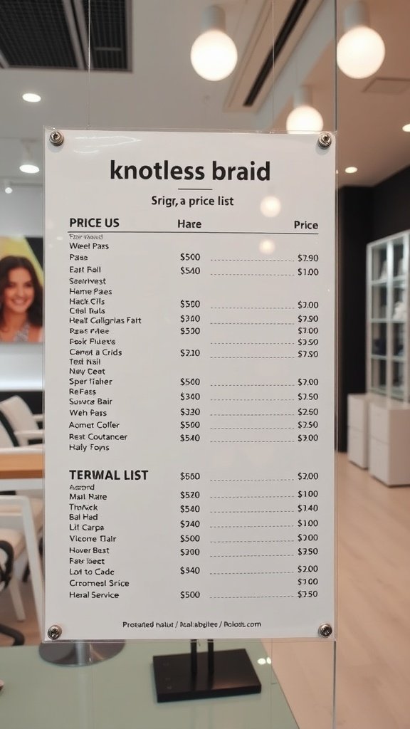 Price list for knotless braids showing various styles and their costs.