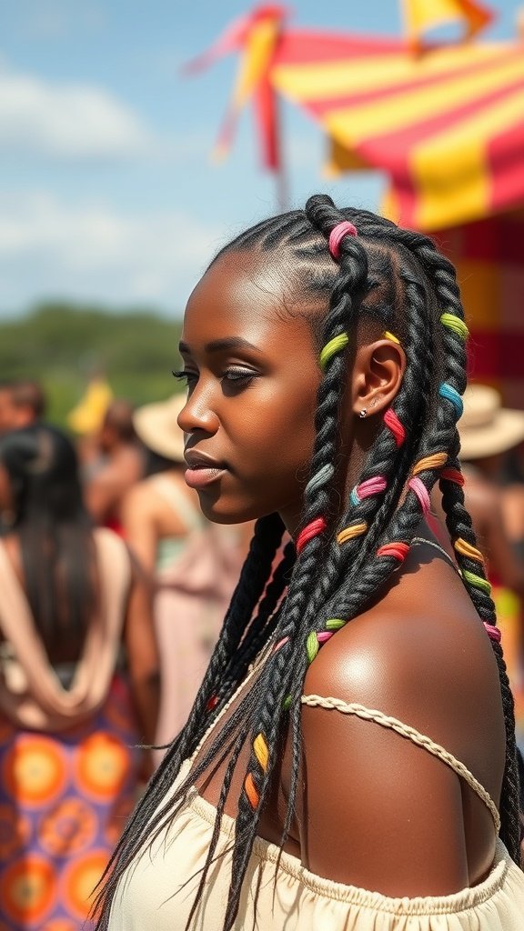A woman with colorful jumbo boho knotless braids at a festival.