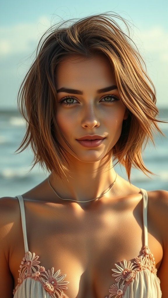 A woman with a beachy bob hairstyle, showcasing a relaxed and sun-kissed look.