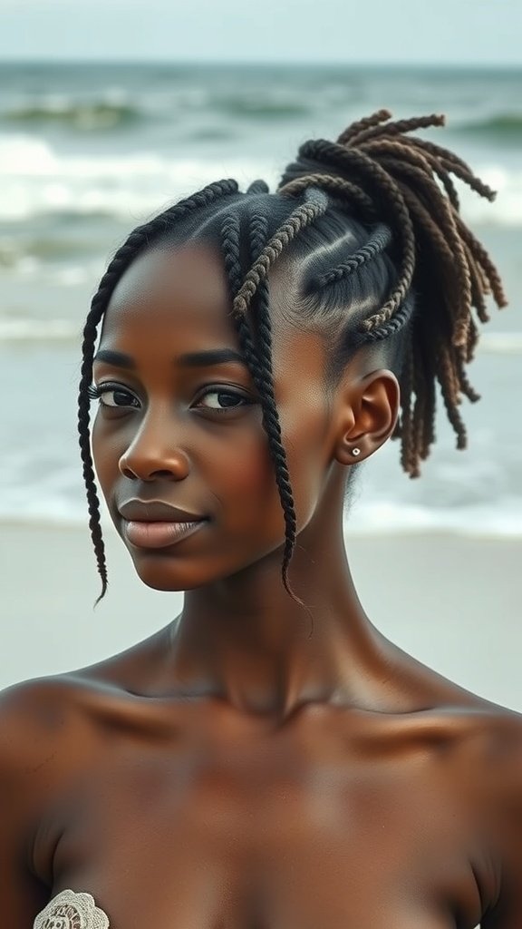 A person with short bohemian knotless braids styled in a beachy look, standing by the ocean.