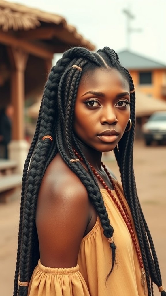 A woman with jumbo boho knotless braids, wearing a yellow top and accessories, showcasing a stylish bohemian look.