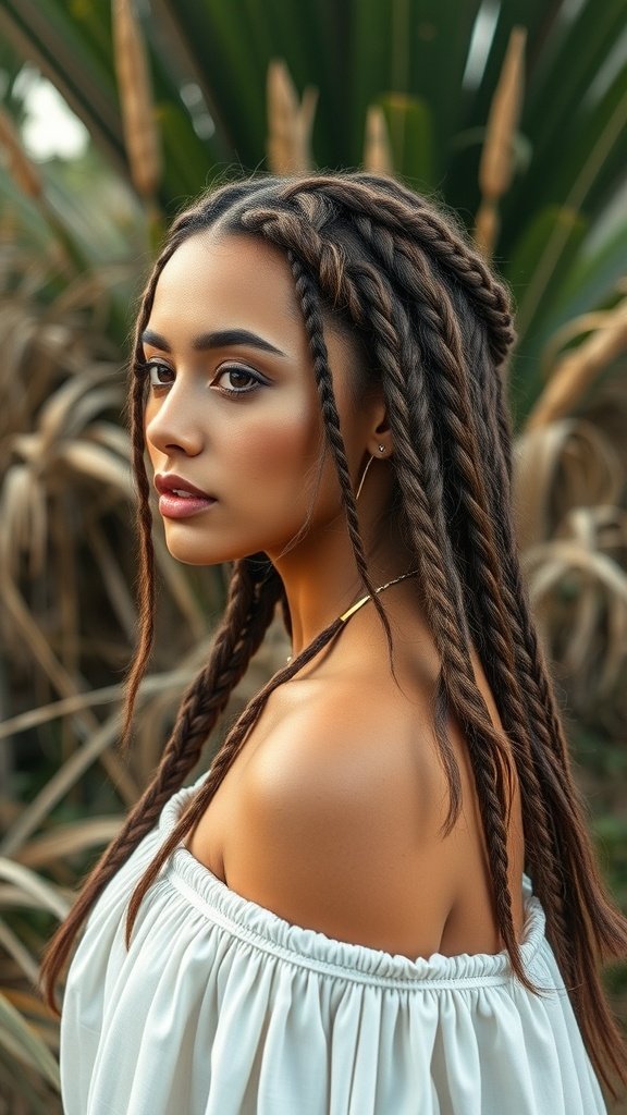 A woman with bohemian knotless braids, showcasing a natural and relaxed hairstyle in a beautiful outdoor setting.
