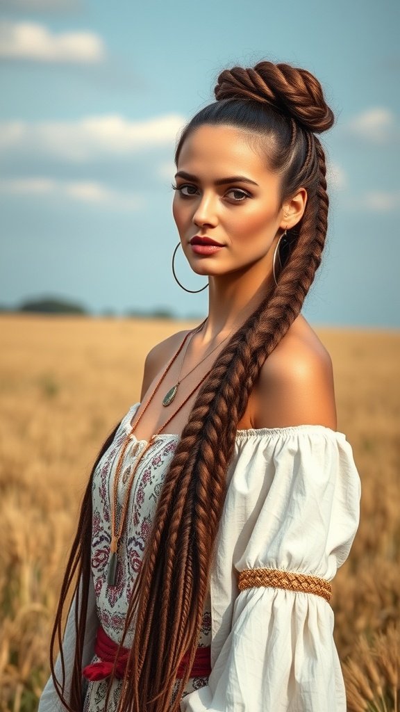 A model with large boho knotless braids, wearing an embroidered dress in a field.