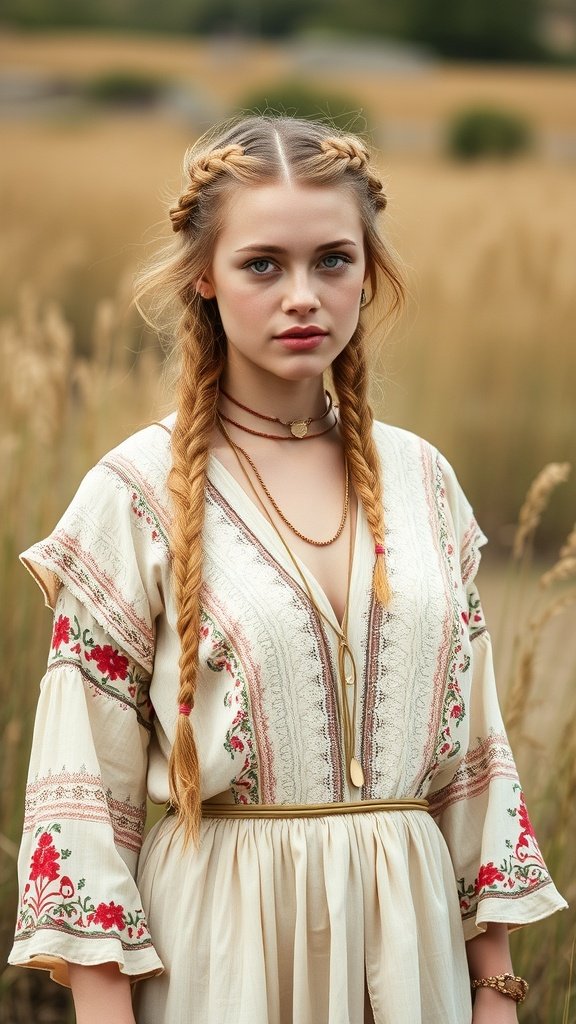 A young woman with honey blonde knotless braids wearing a flowy dress in a field.