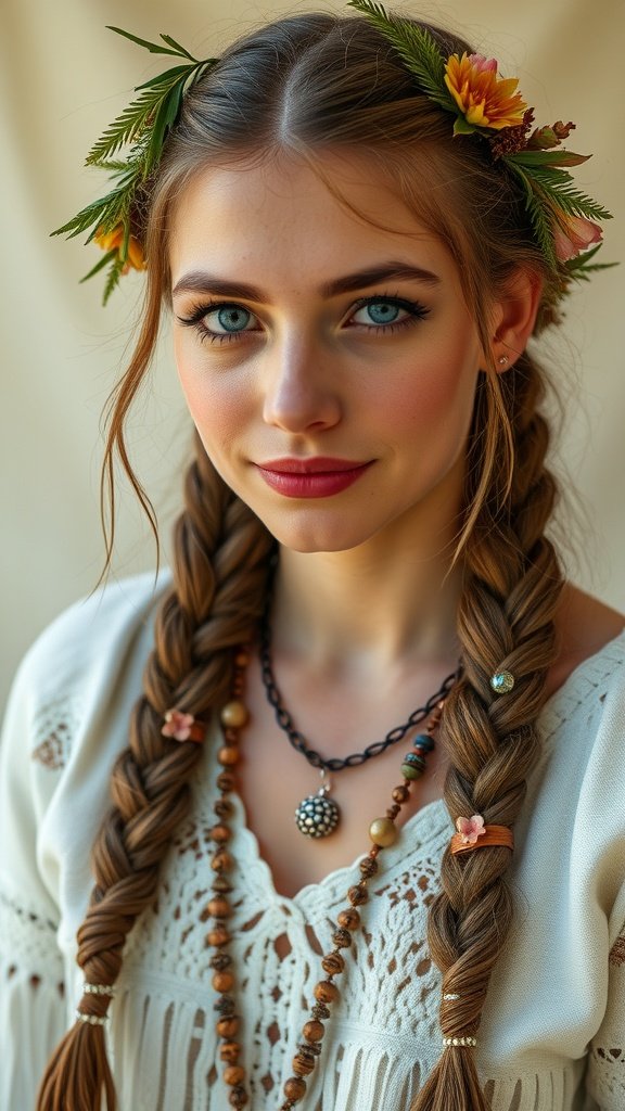 A woman with knotless braids adorned with flowers and layered necklaces, showcasing a bohemian style.