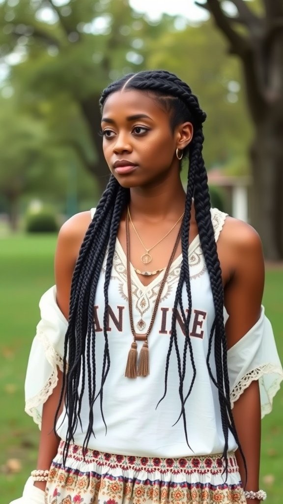 A woman with medium boho knotless braids, wearing a casual outfit and layered accessories, standing in a park.