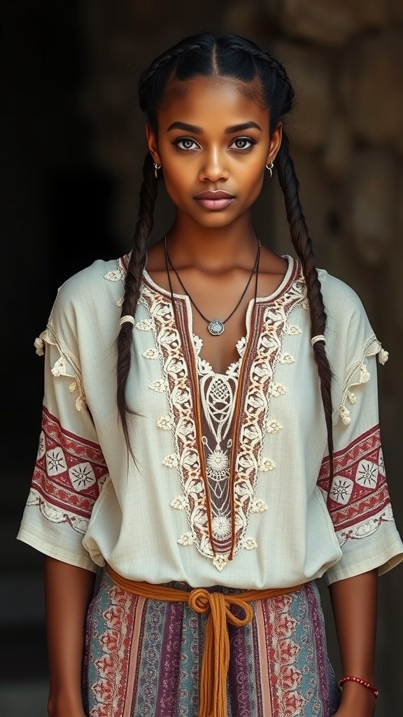 A young woman with short knotless braids with curly ends, wearing a bohemian-style outfit.