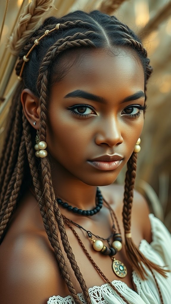 A close-up of a person with short boho knotless braids, showcasing intricate braiding and accessories.