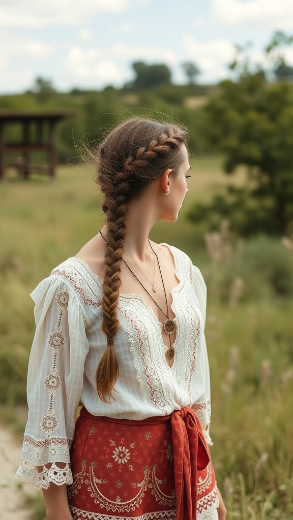 A woman with a beautiful braid wearing a bohemian outfit in a natural setting.