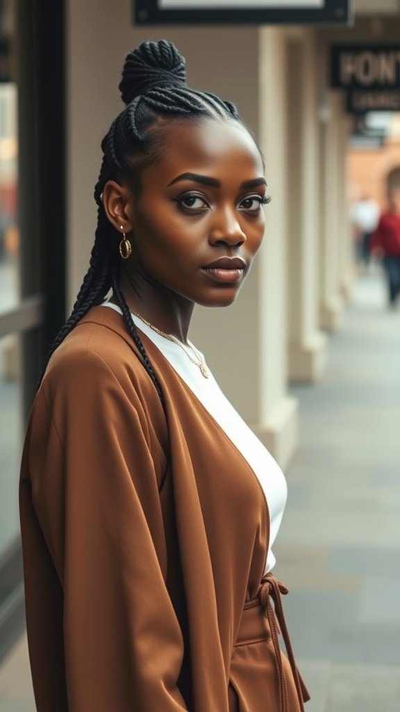 A model showcasing short bohemian knotless braids, wearing a brown jacket and a white top.