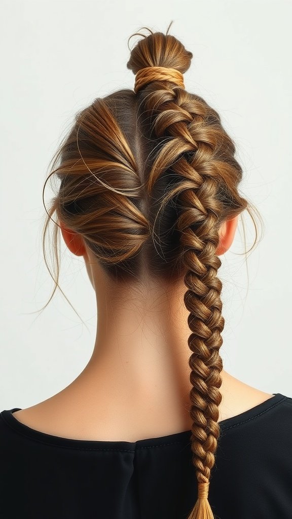 A half-up, half-down hairstyle featuring knotless braids, with a bun on top and flowing braids down the back.