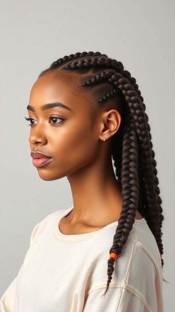 A woman with Jumbo Boho Knotless Braids styled in a half-up look.