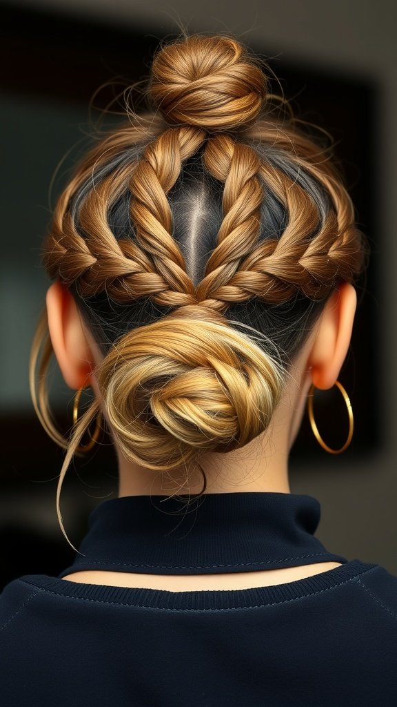 A stylish messy bun created with short bohemian knotless braids, showcasing a relaxed and chic hairstyle.