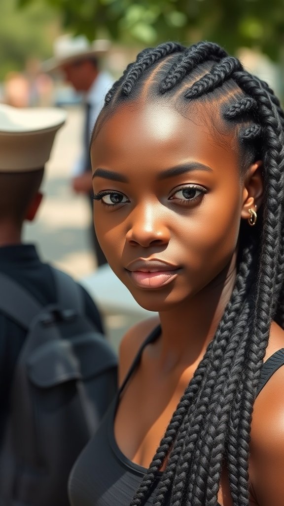 A close-up of a woman with medium boho knotless braids, showcasing a natural and stylish look.