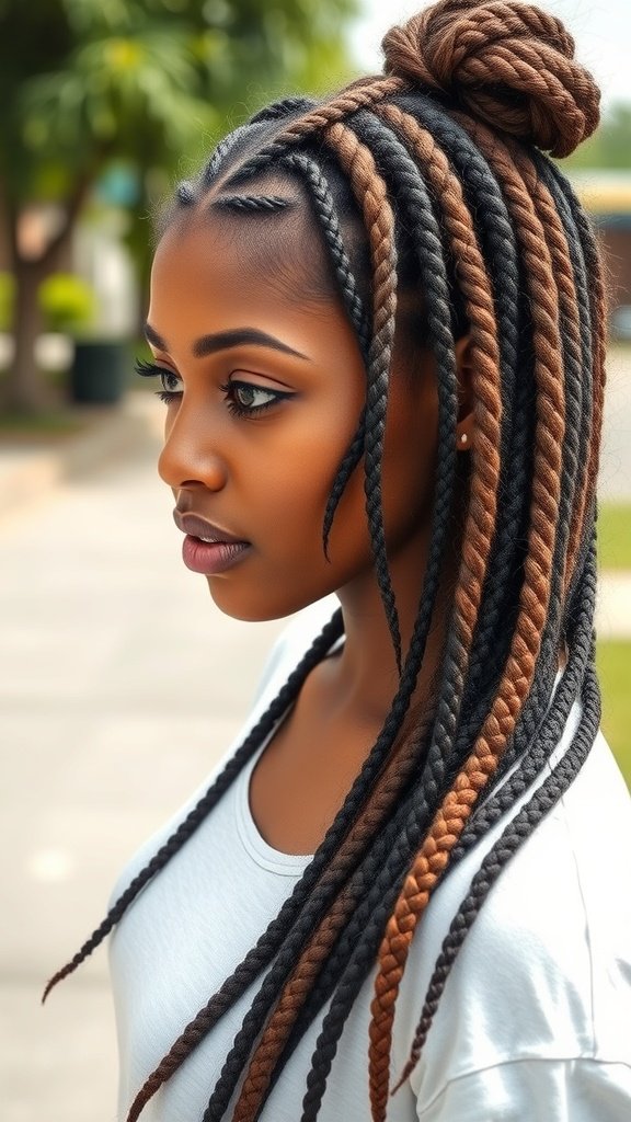 A woman with long knotless braids styled in a bun, showcasing a mix of brown and black colors.