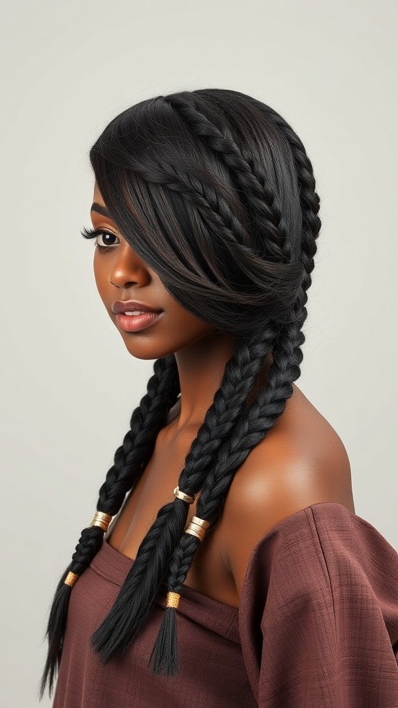 A woman with side-swept jumbo boho knotless braids, showcasing a stylish and elegant hairstyle.
