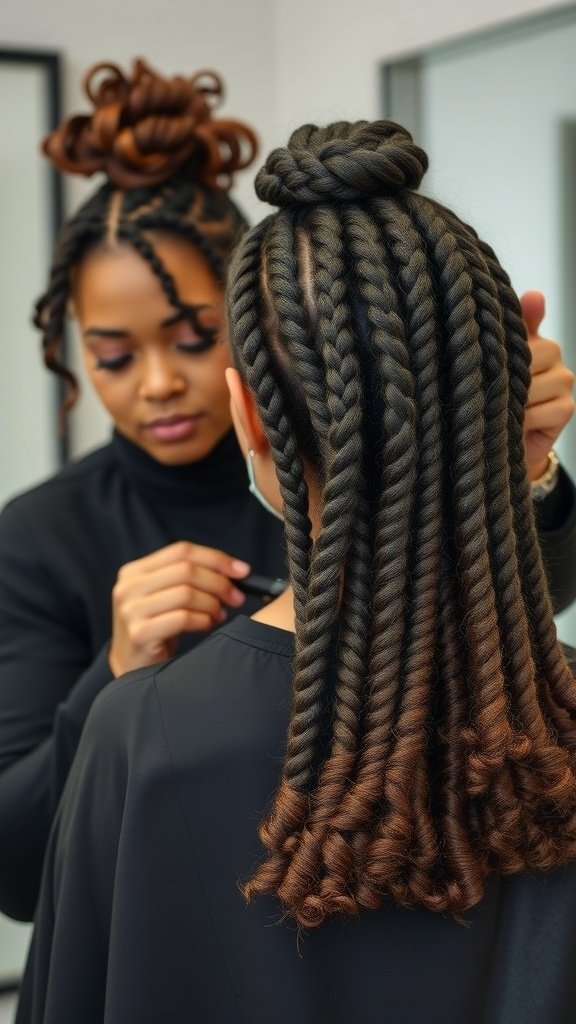 A stylist working on short knotless braids with curly ends on a client.