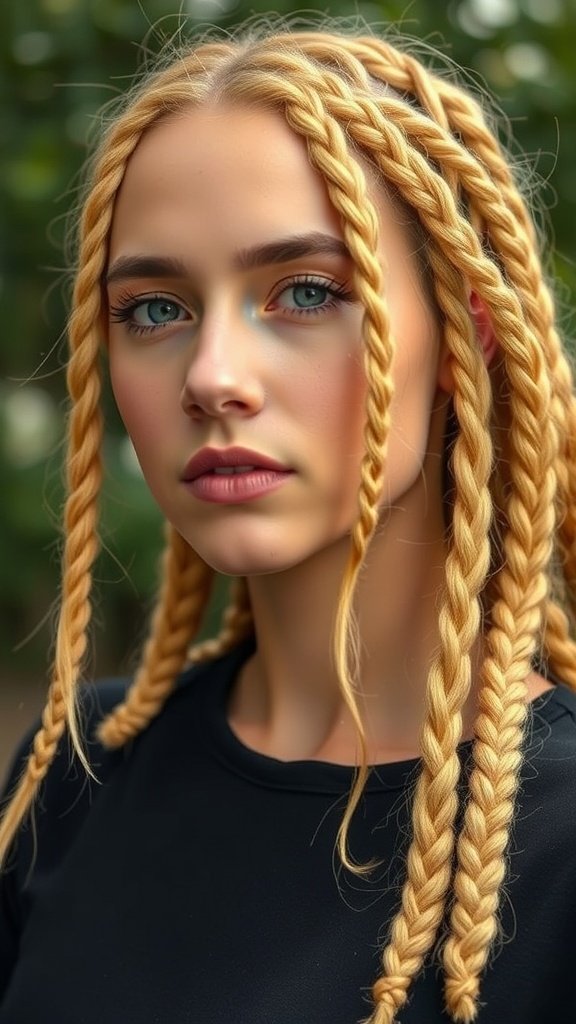 A close-up of a person with honey blonde knotless braids, showcasing a stylish and vibrant hairstyle.