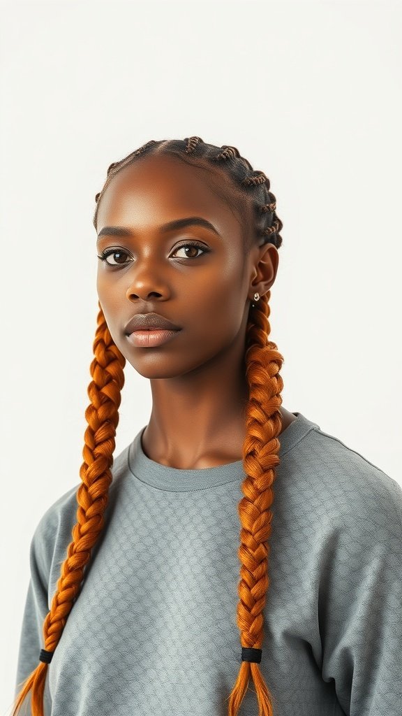 A model with ginger knotless braids styled in two long braids.