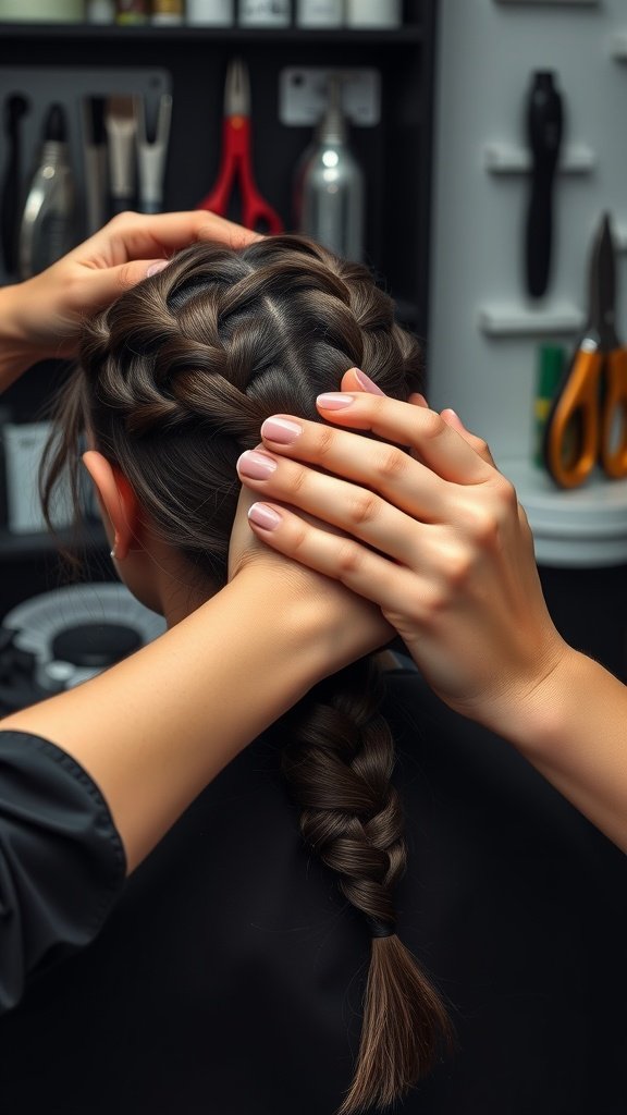 A close-up of a person braiding hair, showcasing a neat braid being formed.