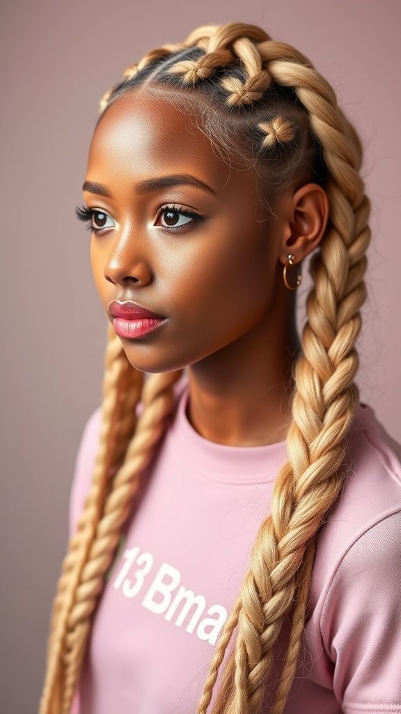 A model showcasing honey blonde knotless braids styled neatly, highlighting intricate patterns and a confident look.