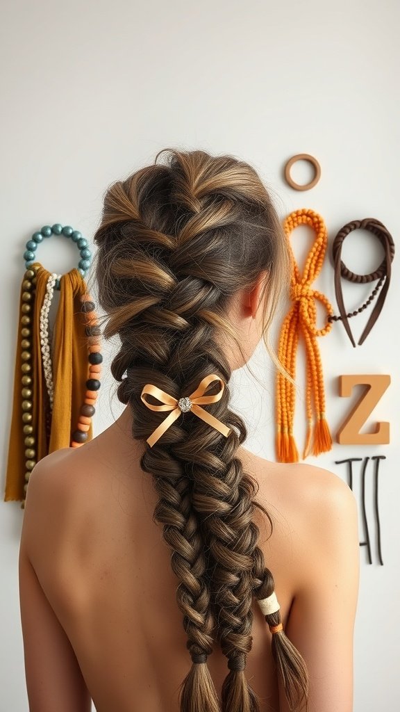 A woman with beautiful knotless braids styled with a ribbon, surrounded by various hair accessories.