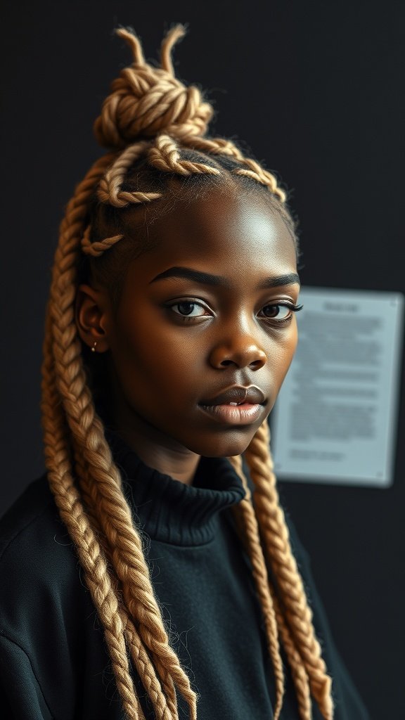 A person with blonde knotless braids styled in a bun, showcasing a confident look.