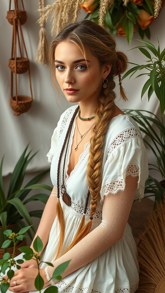 A woman with long boho knotless braids, wearing a white dress and surrounded by plants.