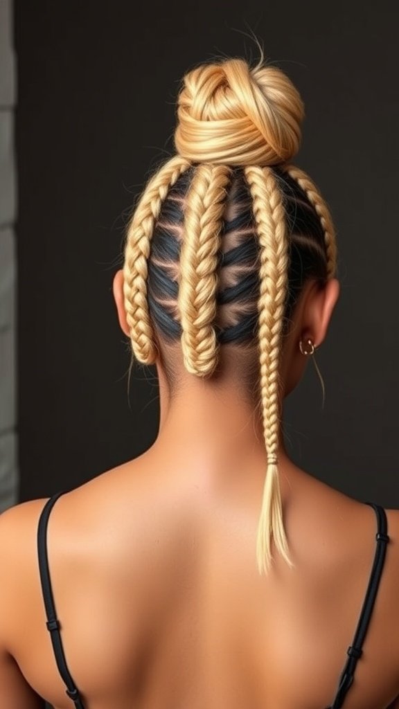 A stylish updo featuring blonde knotless box braids, with a bun at the top and loose braids hanging down.