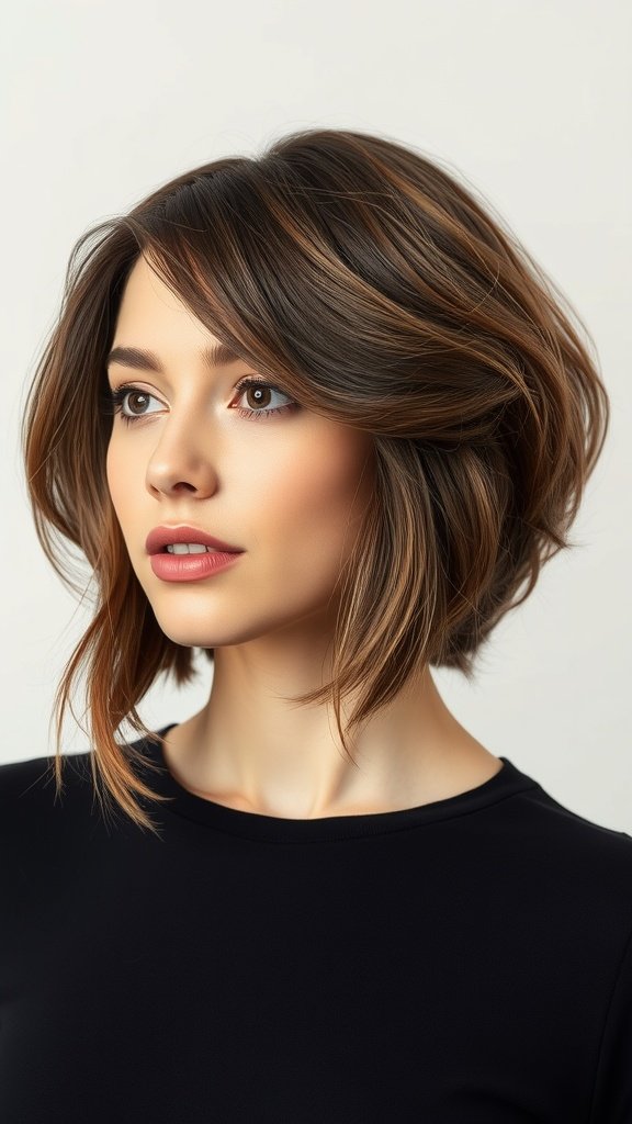 A woman with a stylish bob hairstyle featuring soft waves and a natural look.