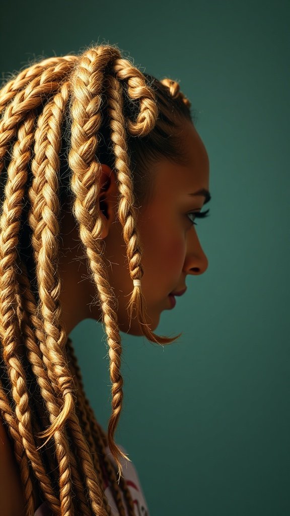 A profile view of a person with blonde lemonade braids styled in a voluminous manner.