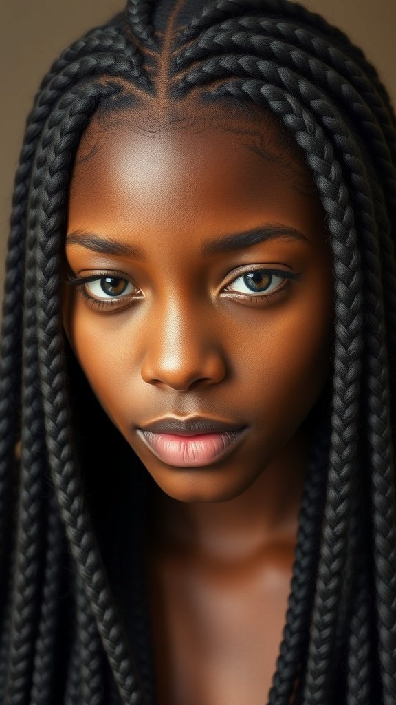 A close-up of a person with honey brown knotless braids, showcasing the intricate style and color.