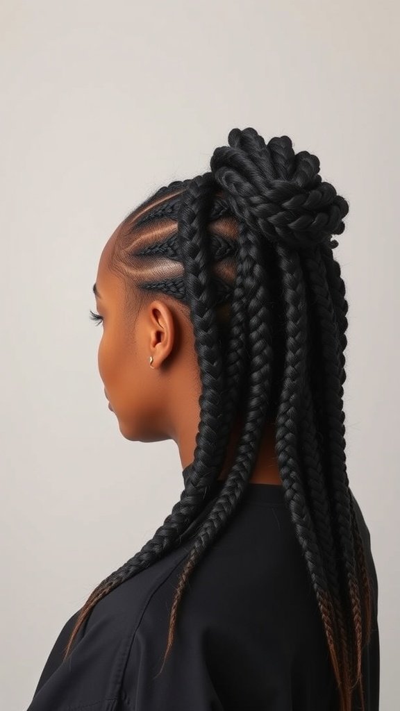 A woman with jumbo knotless box braids styled in a bun, showcasing volume and elegance.