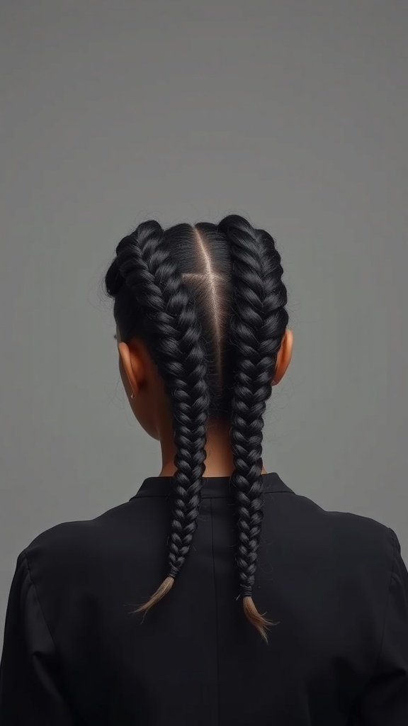 Back view of a person with two jumbo knotless braids styled neatly.