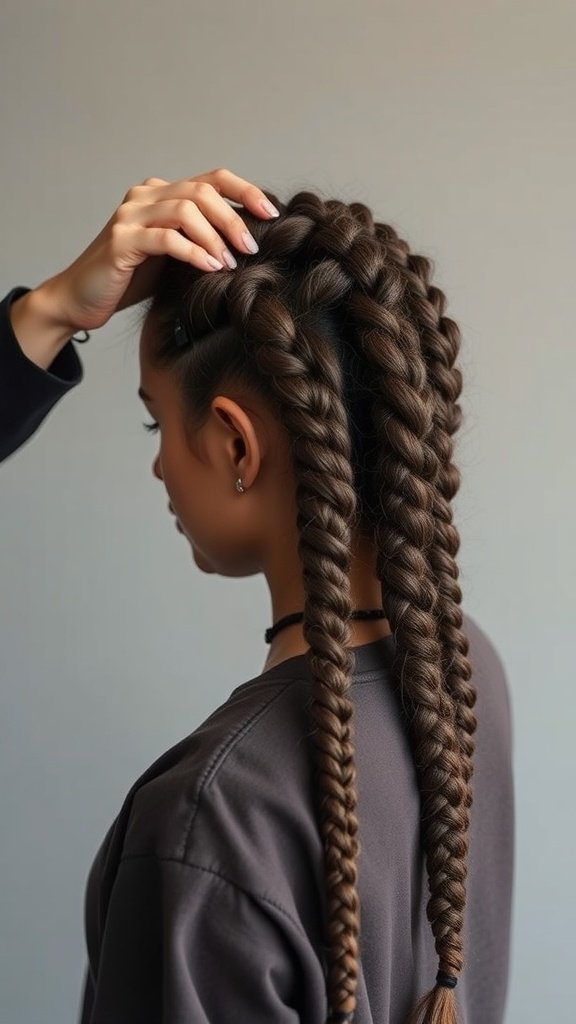 A woman showcasing her jumbo boho knotless braids, highlighting their volume and style.