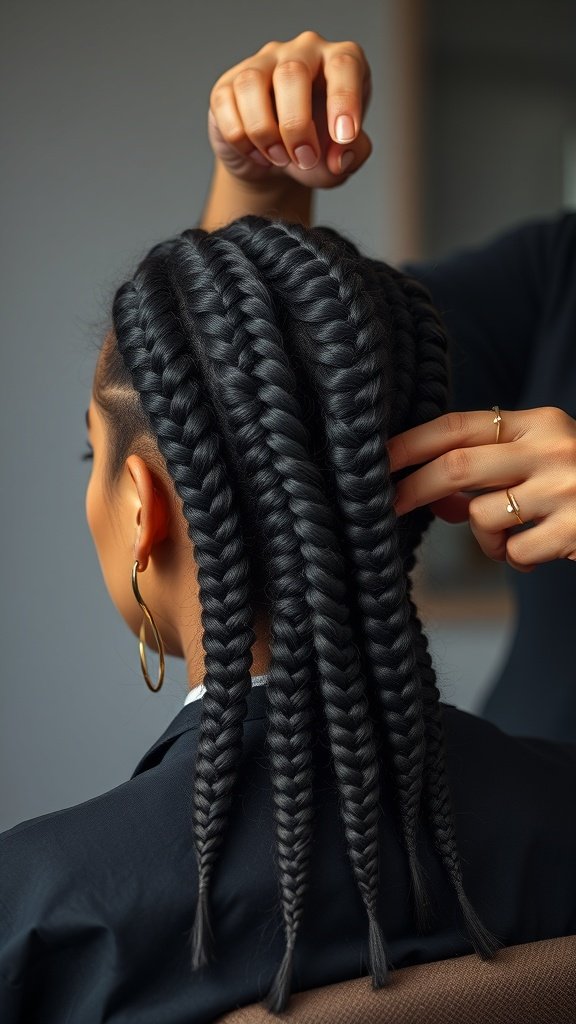 A stylist creating knotless boho braids on a client's hair, showcasing neat sections and a focus on volume.